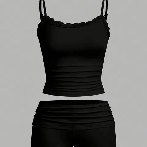 Women's Solid Contrast Lace Crop Cami Top & Ruched Skinny Shorts Two-piece Set, Casual Sleeveless Spaghetti Strap Top & Shorts for Summer, Ladies Clothes for Daily Wear