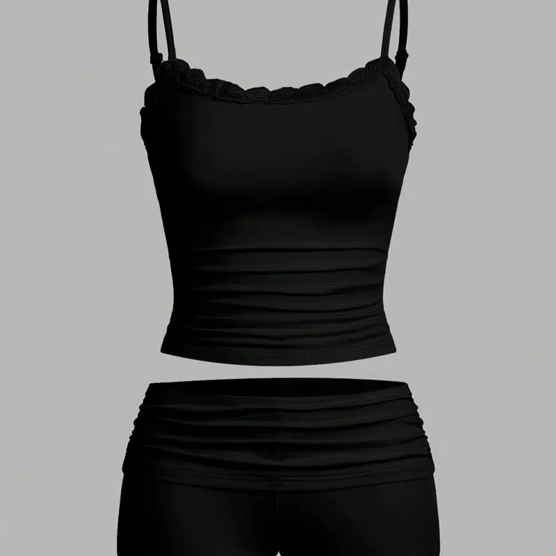 Women's Solid Contrast Lace Crop Cami Top & Ruched Skinny Shorts Two-piece Set, Casual Sleeveless Spaghetti Strap Top & Shorts for Summer, Ladies Clothes for Daily Wear