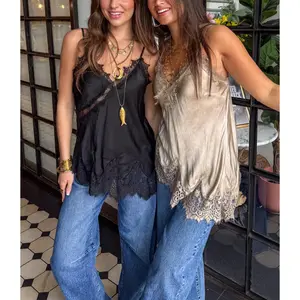 Women Tank Tops Cross Wrap V Neck Sleeveless Adjustable Spaghetti Strap Lace Patchwork Summer Vest