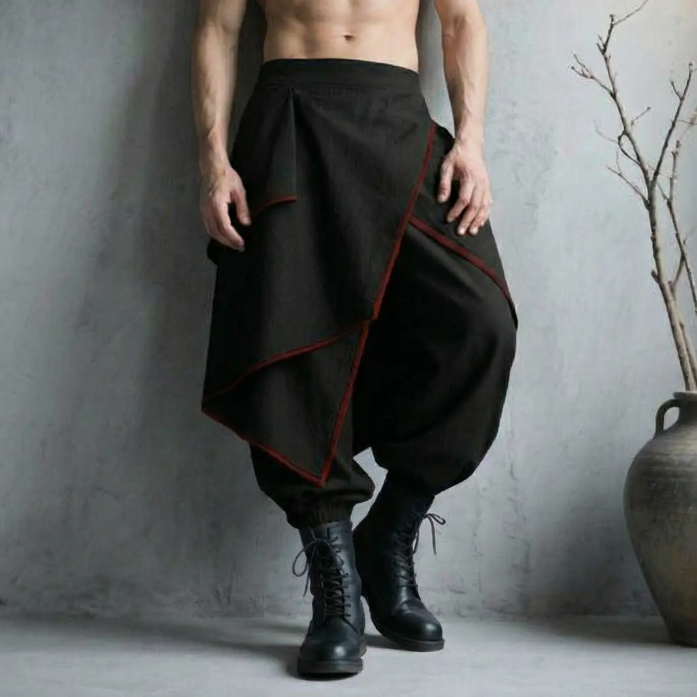 INCERUN Men's Japanese Samurai Harem Pants with Irregular Skirt Overlay, Breathable Streetwear Joggers for Party & Cosplay, Clothes, Men's Wear, 97% Polyester, Baggy, Samurai Pants, Jogger Cuff Flair