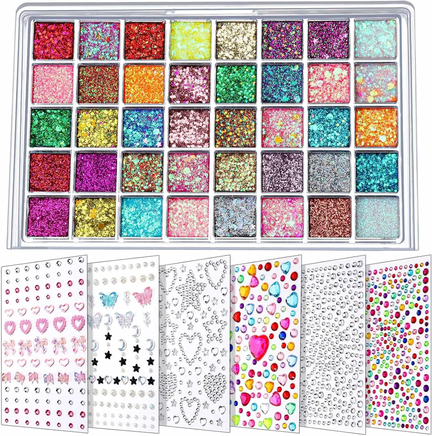 FANDAMEI Face Glitter Face Gems, 40 Colors Glitter Gel Palette with 6 Sheets Self Adhesive Hair Gems, Face Jewels for Women. Face Rhinestones Pearls for Women, Body Hair Glitter