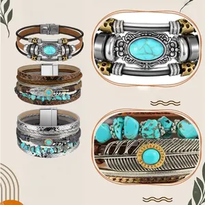 Christmas Gift 3Pcs Cowboy Chic Turquoise Bracelet Set Bohemian Multicolor Stackable Bracelets for Western & Boho Outfits Enhance Allure Comfortable Fit Premium Materials