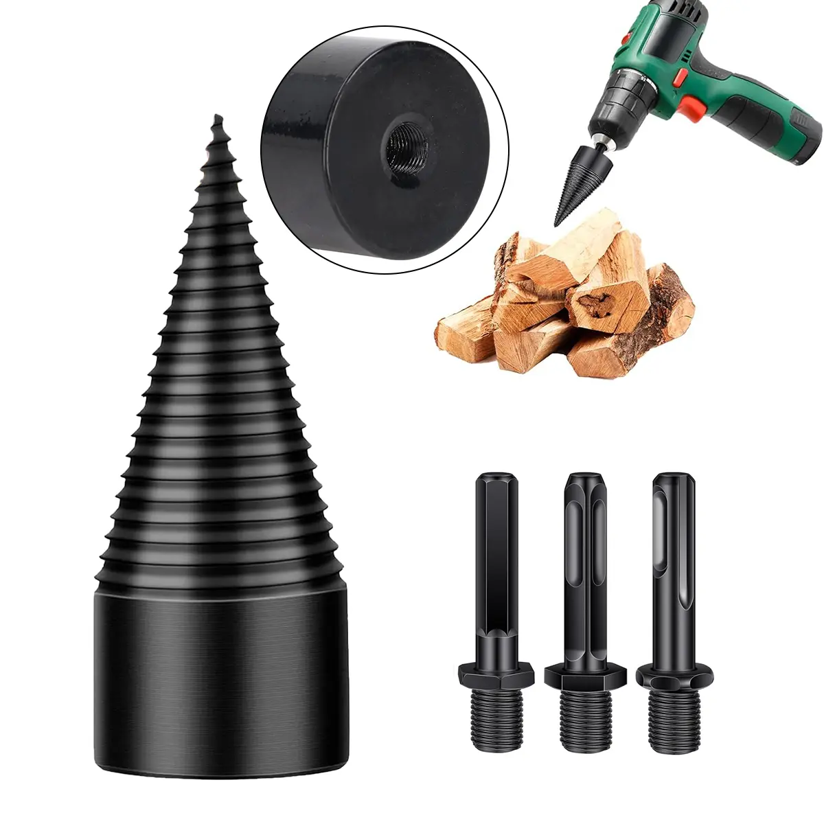 4 PCS Wood Splitter Drill Bit Set, Equipped with 3 Drilling Handles & 32mm Detachable Splitting Cones, Practical Log Splitter Tool for Family Heating, Outdoor Camping and Daily Woodworking Projects