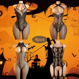 4pcs Women's Sexy Lingerie Jumpsuit Set Bold Black Lace Splicing fishnet Bodysuit Pattern Machine Washable Christmas Wear Floral Pattern sexy lingerie set Stretchy Fabric Womenswear Basic Minimalist avid love Lingerie Teddy seductive clothing nights
