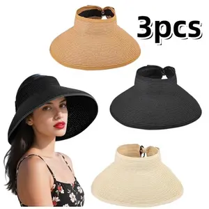 3pcs Adjustable Straw Beach Hat Wide Brim Ponytail Sun Visor Hats Women Foldable Floppy, Perfect for Gardening, Walking Along The Beach or Any Other Outdoor Activities, Summer Essentials, Lightweight Design, Adjustable Fit, Comfortable Wear tiktokshopspri