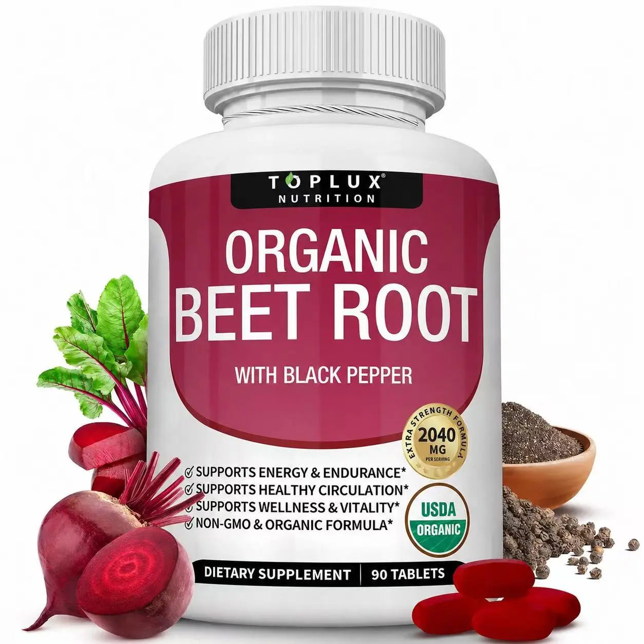Toplux Organic Beet Root Tablets 2040mg | Natural Nitric Oxide Booster Beetroot Supplement for Heart Health, Blood Circulation & Workout Endurance Dietary Vitamin Fitness Edible