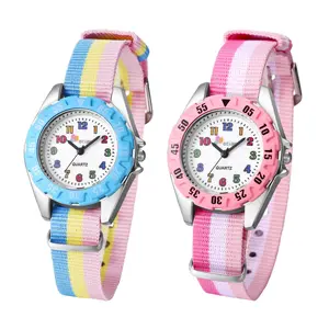 OIDEA Time Teacher Simulated Quartz Analog Watch for Teens Girls - Breathable Nylon Strap, Round Dial, Metal Clasp, Soft Cloth Striped Band, 90-Day Guarantee, Ideal for School, Birthday Gifts, Breathable Strap summerwins