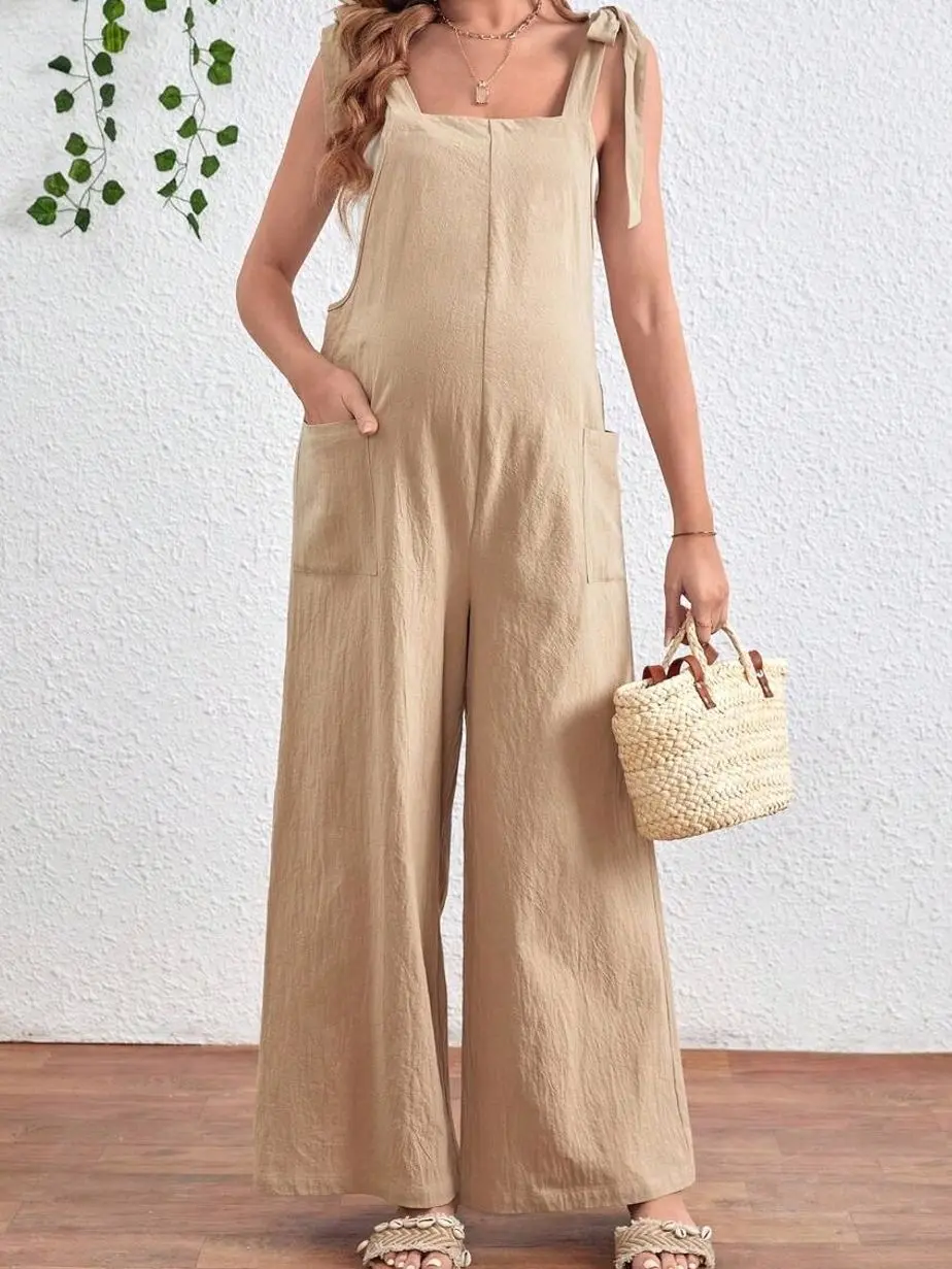 Maternity Jumpsuit with Pockets, Knot Shoulder Strap Romper for Casual Fall Pregnancy Style