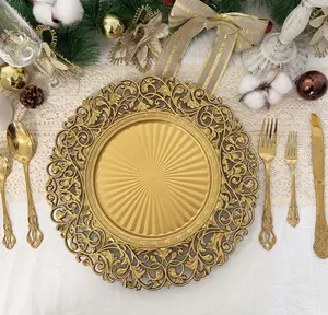 Gold Charger Plates Set of 6/12, 13" Round Plastic Dinner Chargers, Decorative Hollowed Out Flowers Serving Plates for Table Setting, Catering, Wedding, Party, Event