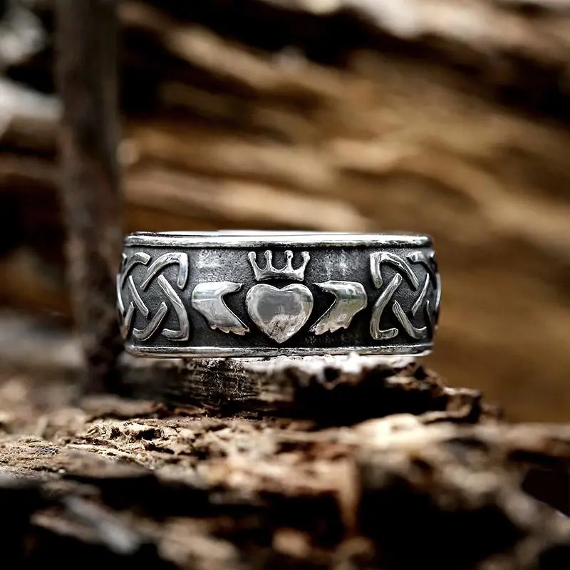 GTHIC Gothic Claddagh Viking Ring - Wide Band Stainless Steel Couple Ring for Men and Women, Mother's Day Gift, Gothic Ring, Claddagh Ring