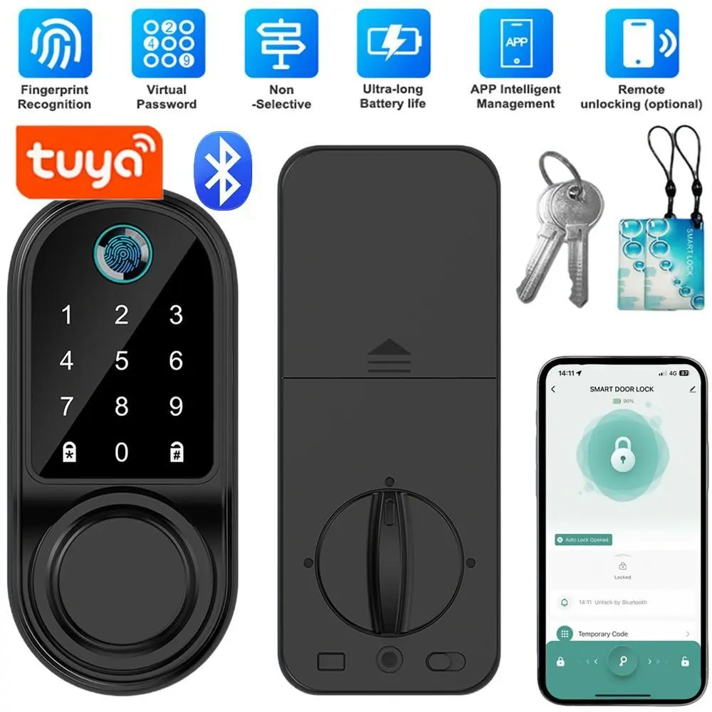 【BackToSchool】Keyless Entry Handle Smart Door Lock, Password Keypad Lock with Code, Fingerprint Recognition, Tuya App Control, Single Tongue, Aluminum Surface, Smart Home Door Hardware Gadgets for Bedrooms