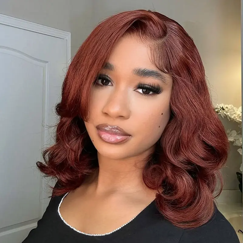 180% Density Orange Red Wave Bob Human Hair Wig Transparent 13x4 Lace Frontal Breathable Wig Cap Reddish Brown Body Wave Short Bob Wig Pre Plucked with Natural Hairline