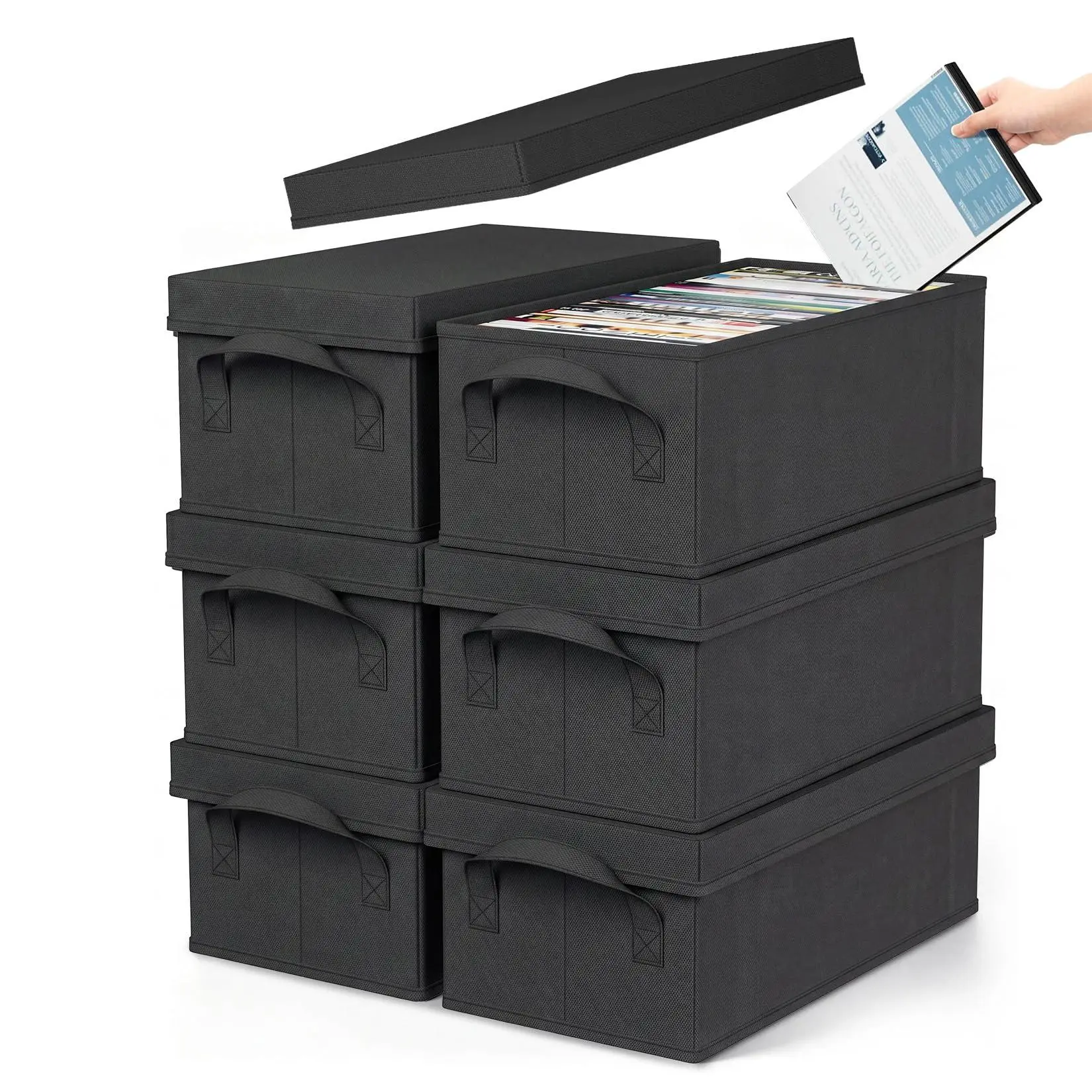 Set of 6 Stackable CD/DVD Storage Boxes with Lids & Handles – Non-Woven Media Organizer for Blu-ray, Games & Movies – Dustproof, Space-Saving – Black (33.5x15x13.5cm)