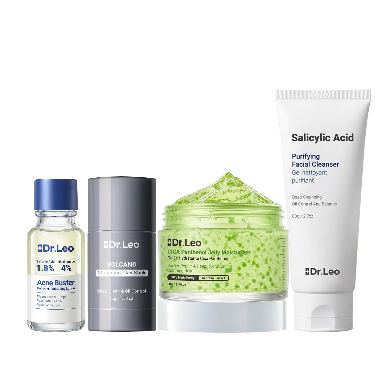 Dr.Leo 4-Step Acne Care & Skin Barrier Repair Kit | Cleanser + Clay Stick + CICA Jelly Moisturizer + Drying Lotion | Spot Treatment for Acne-Prone & Sensitive Skin