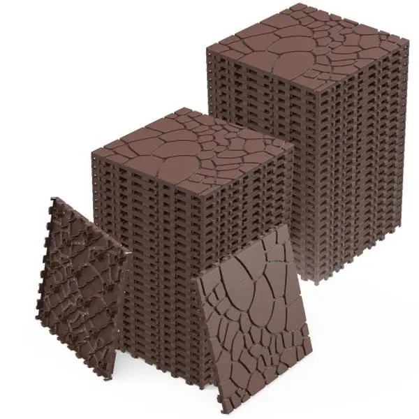 Brown 12" Interlocking Polypropylene Deck Tiles - Set of 44 Stone Texture DIY Modular Deck Flooring, Anti-Slip Grip, Easy Quick Installation for Patio Floors, Outdoor Waterproof Sports & Outdoor Accessory