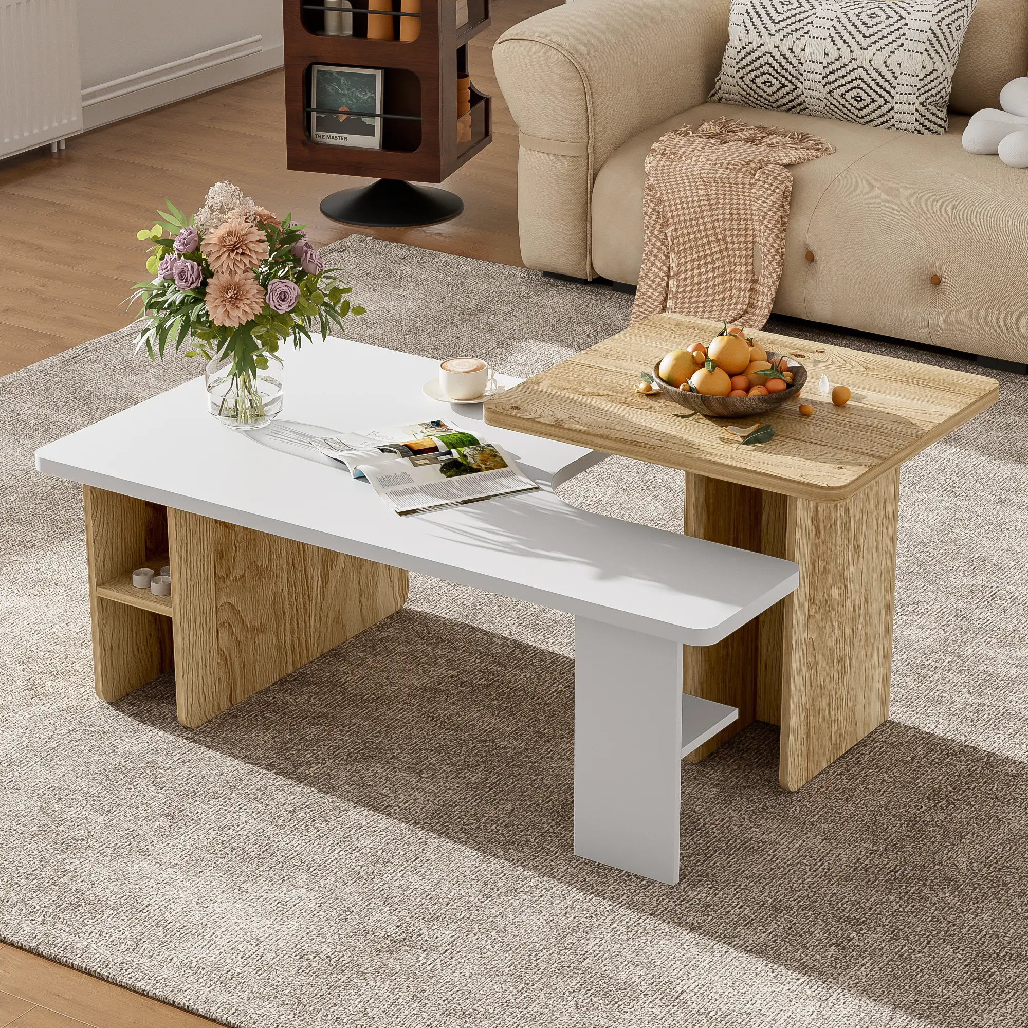 Modern Asymmetrical 2-Piece Coffee Table Set: Contrasting White & Light Wood Finishes with Open Storage Compartments, a Stylish & Functional Centerpiece for Contemporary Living Rooms