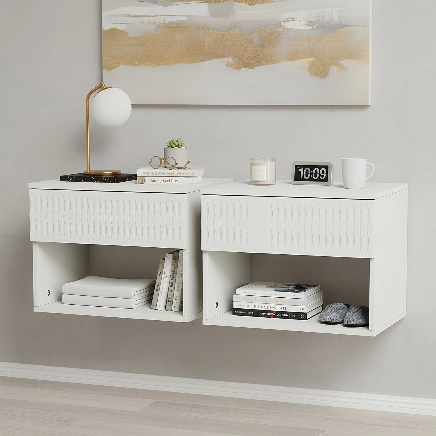 Spaco 2-Piece Modern Nightstand Set - Family-Friendly Small Spaces Bedroom Bedside Tables with Carved Surface, Dustproof Drawer, Open Shelf, Free Combination, Easy Assembly
