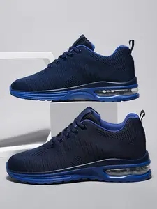 Navy Blue Air Cushion Casual Sports Shoes For Men With Stylish Flowing Line Pattern Design, Suitable For All Seasons And Trendy Outdoor Activities