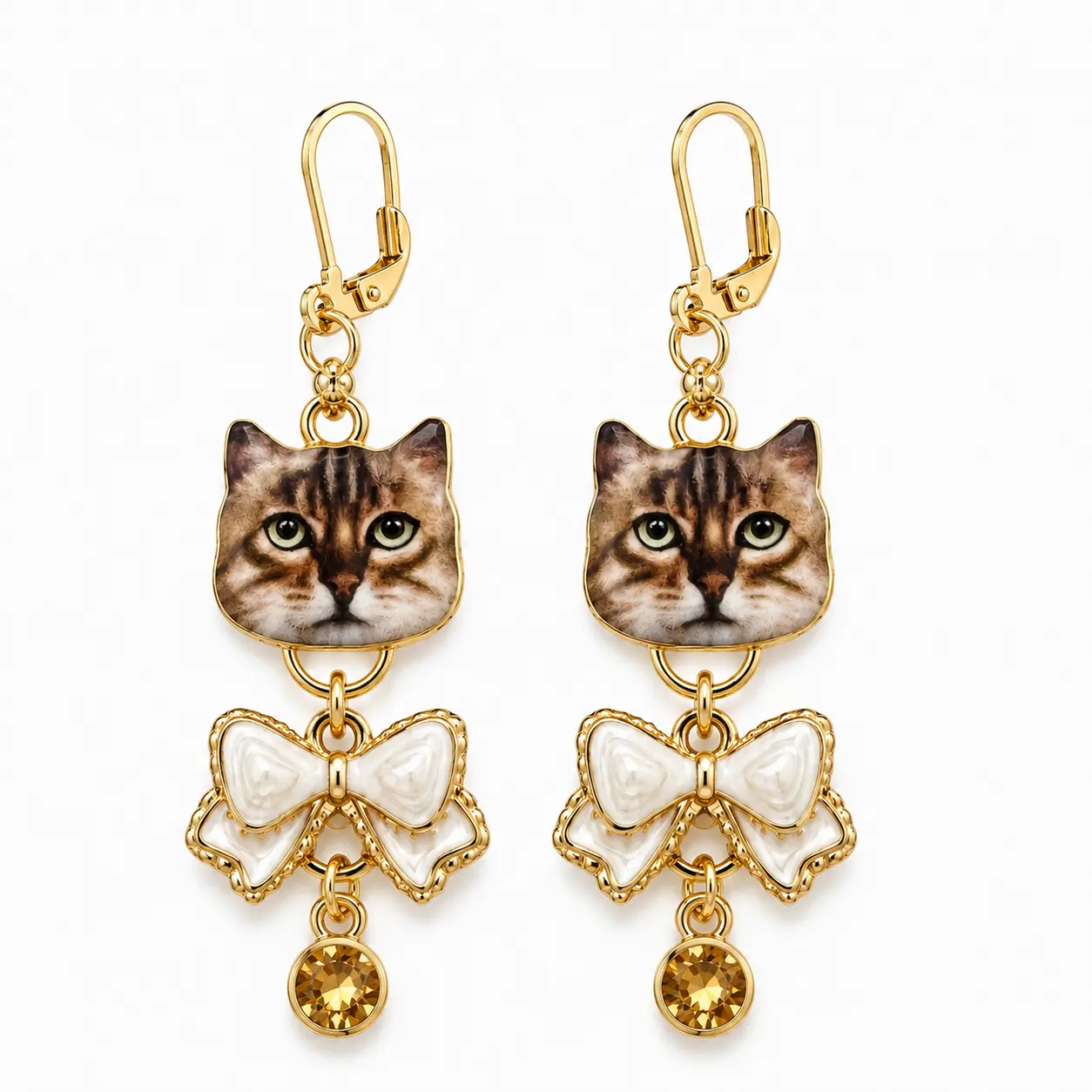Handmade Whimsical Tabby Cat Bow Drop Earrings by D.K. Tlustos