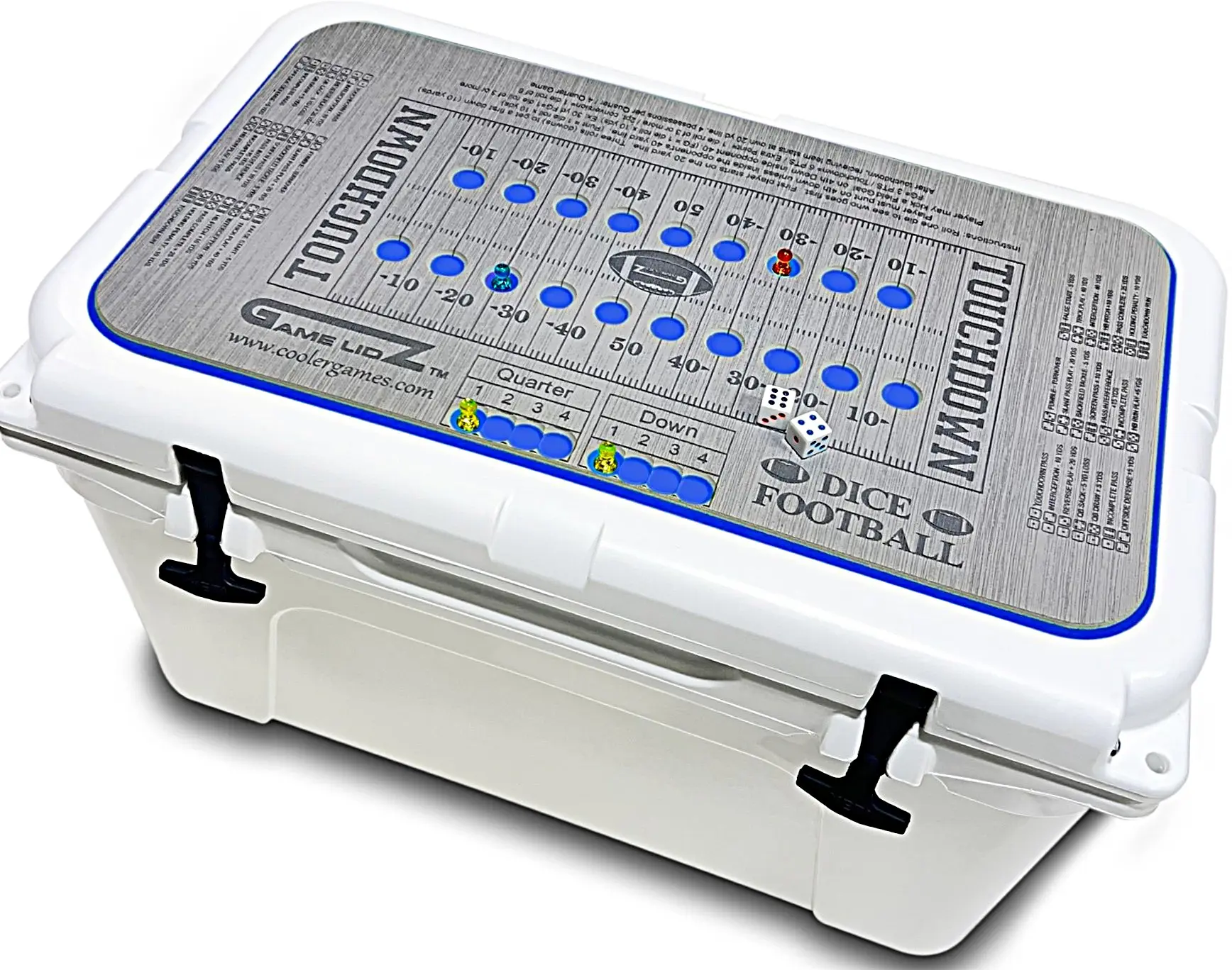 Yeti Cooler Pad with Dice Football Design - 100% PE Marine Foam Magnetic Mat for Lakes, Fishing, Yeti Tundra, Roadie, Haul & Wheeled Cooler Lids, Grey/Blue, Easy Peel-and-Stick 3M Adhesive Application, Hunting, Keeps Game Pieces In Place, Non-Skid And Sli