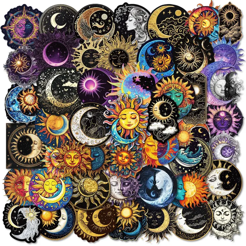 Sun & Moon & Star Pattern Astrological Theme Sticker, 50pcs/set Self Adhesive Decorative Stickers, Aesthetic Stickers, DIY Decals for Water Bottle, Laptop Case, Scrapbooking, Journal Making