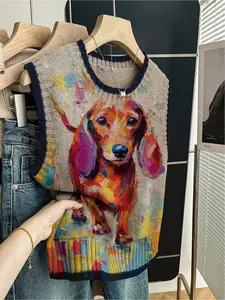 1 piece + Spring/Summer Back-to-School Casual Style Loose Round-neck Sleeveless Knitted Dark Blue Embroidered Contrasting Pattern Dog Print Women's Knitted Outwear Women's Outfit, paired with a jacket, can be worn alone Vests