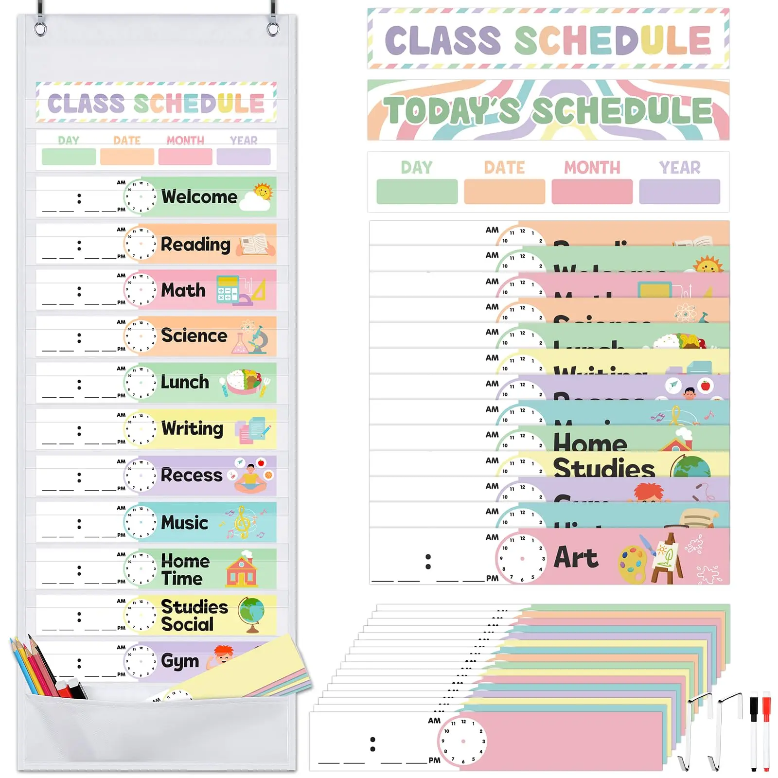Back to School Pastel Classroom Visual Schedule Reusable 13-16 Pocket Daily Chart with Double-Sided Cards & Hooks Set, Class Organization Daily Schedule Chart Classroom Set Up Class Routine Pocket Chart for Kindergarten Elementary School Homeschool