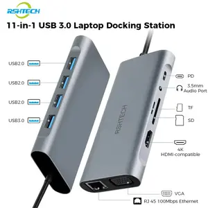 RSHTECH 11-in-1 Type-C USB-C Docking Station, Usb C Hub, with Video output, VGA, PD, USB3.0/2.0, RJ45 Ethernet, SD/TF Card Reader, 3.5mm Audio, Multi-interface Expansion Dock Compatible with MacBook Pro/Air and other Type-C Laptop