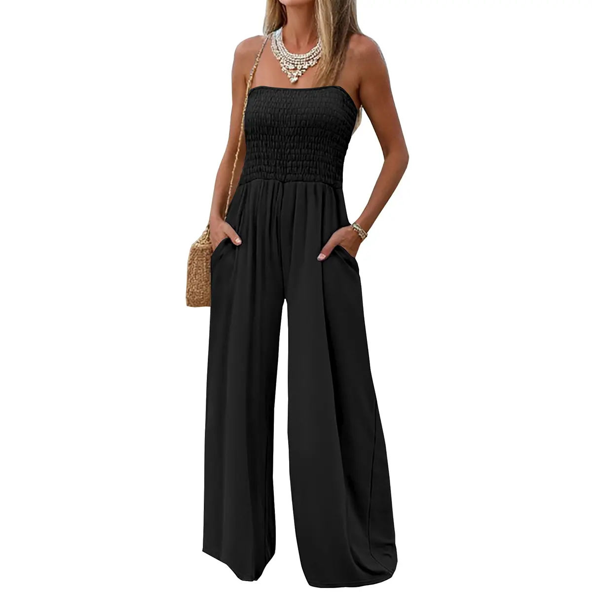 AUXDIO Womens Strapless Smocked Tube Jumpsuit, Casual Summer Dressy Wide Leg Outfit with Pockets for Birthday Party, Overalls, Top, Pleated, Halter Neck