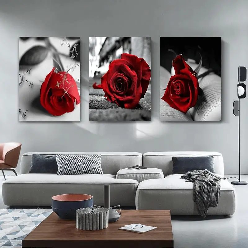 3pcs Red Rose Floral Wall Arts - Decorative Framed Modern Abstract Posters, Ready to Hang, Living Room/Balcony/Kid Room Decor, Wardrobe Accent Home Supplies, Ideal Holiday Gift