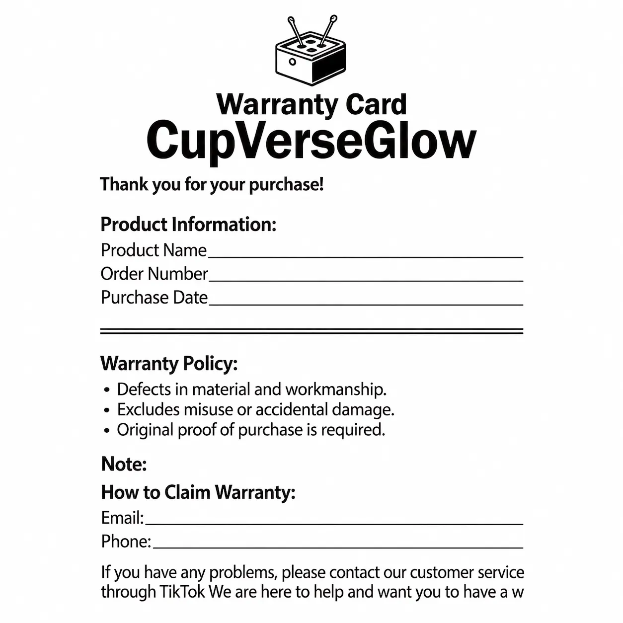 CupVerseGlow Glow Mug Online After-Sales Warranty Card - i1, Offering Comprehensive Protection and Quality Commitment