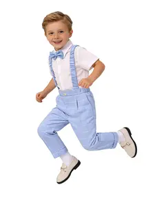 Boys Plaid 4-Piece Suits Set, Youth Kits (Vest + Pants + Bow Tie + Suspenders) | 4 Colors: Blue, Pink, Gray, Khaki | Perfect for Weddings, Birthdays, Graduations, Photoshoots, Daily & Formal Wear (Shirt Not Included) – XT82130
