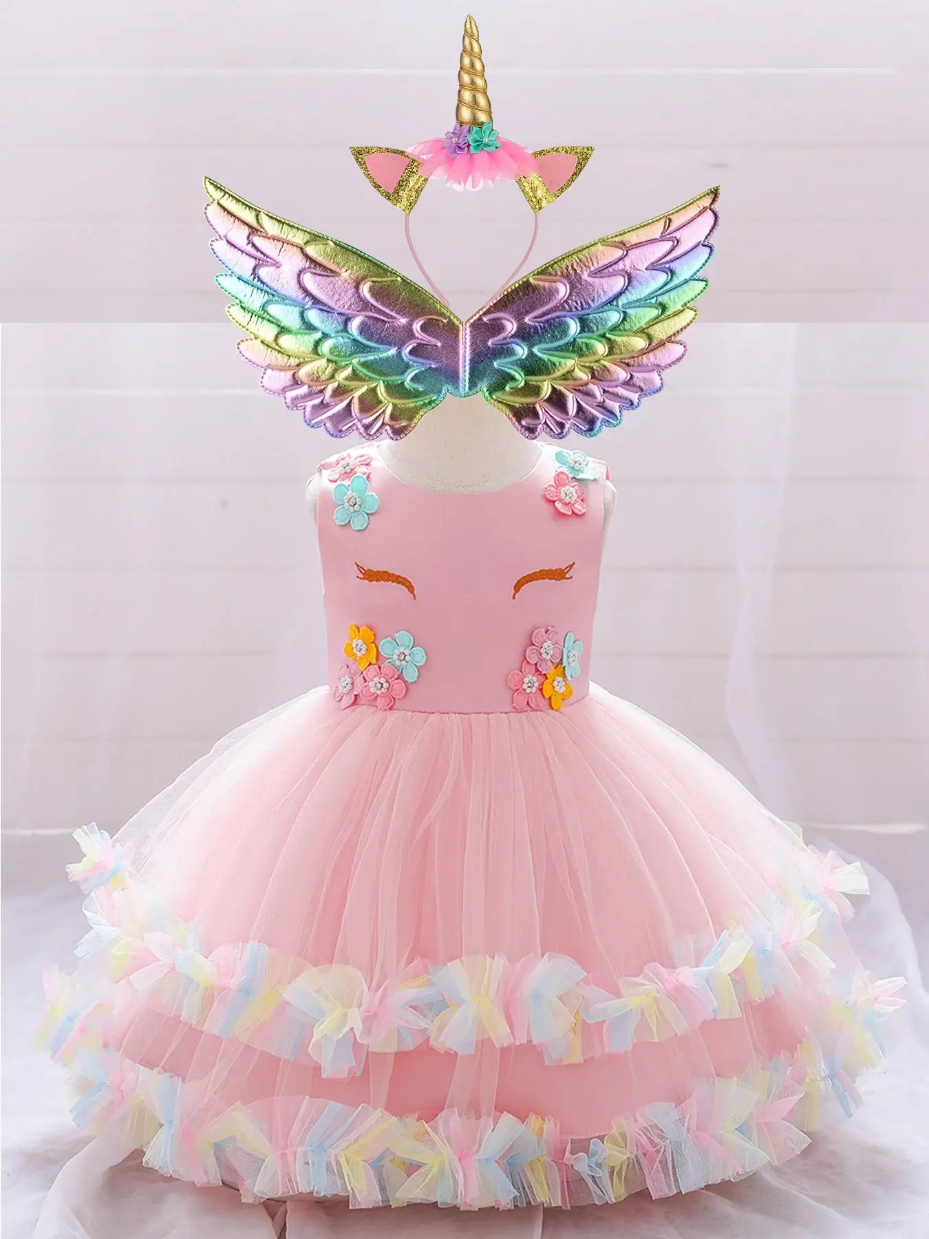 Girl's Butterfly Costume Set, Fancy Wing Design Costume Set for Girls, Including Dress & Headband & Wings, Party Costume for Birthday Party