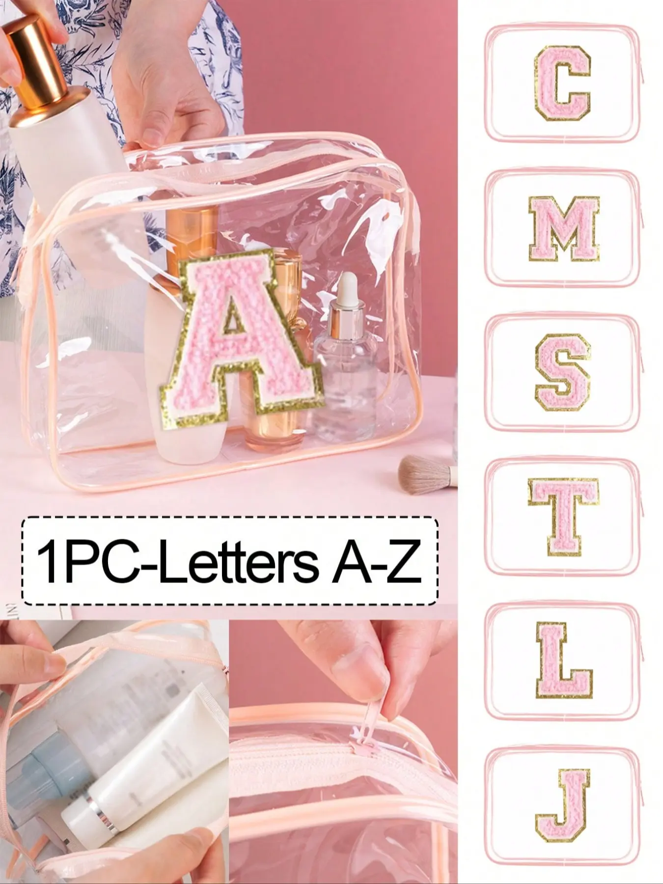 1pc Transparent Pvc Portable Storage Bag With Towel Embroidery Letter A-Z,Large Capacity Makeup Organizer, Waterproof, Zippered, Makeup Bag, Cosmetic Bag, Cosmetics Bag, Travel Cosmetic Bags