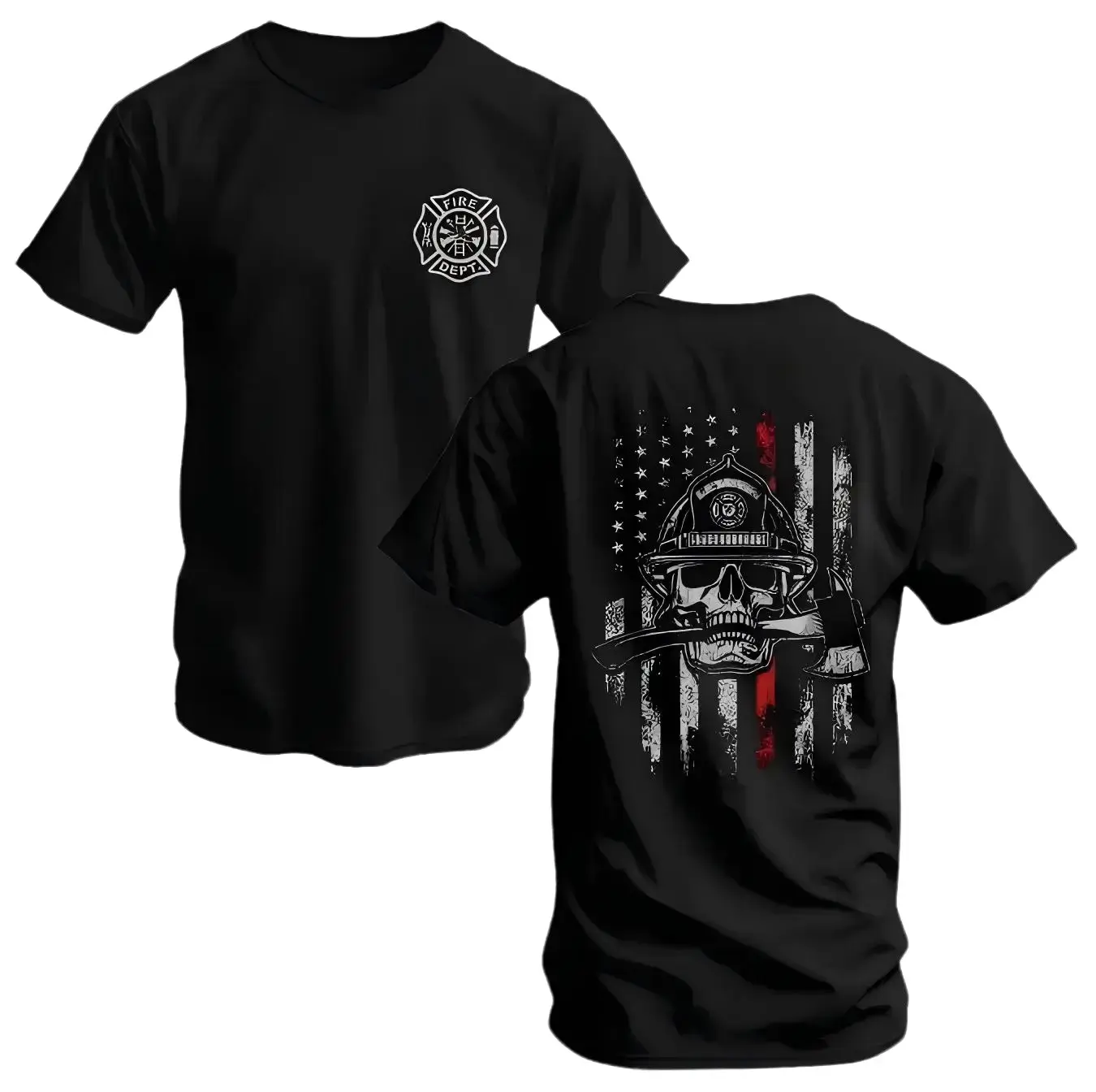 Firefighter Skull T-Shirt, Thin Red Line Flag and Axe Graphic,Tactical Shirt, Bold Fire Dept Apparel for Men, Gift for Brave Firemen & Rescue Workers,shop