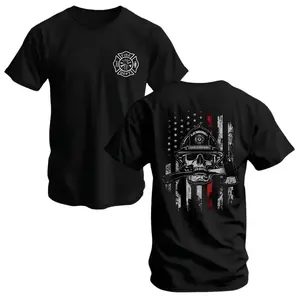 Firefighter Skull T-Shirt, Thin Red Line Flag and Axe Graphic,Tactical Shirt, Bold Fire Dept Apparel for Men, Gift for Brave Firemen & Rescue Workers