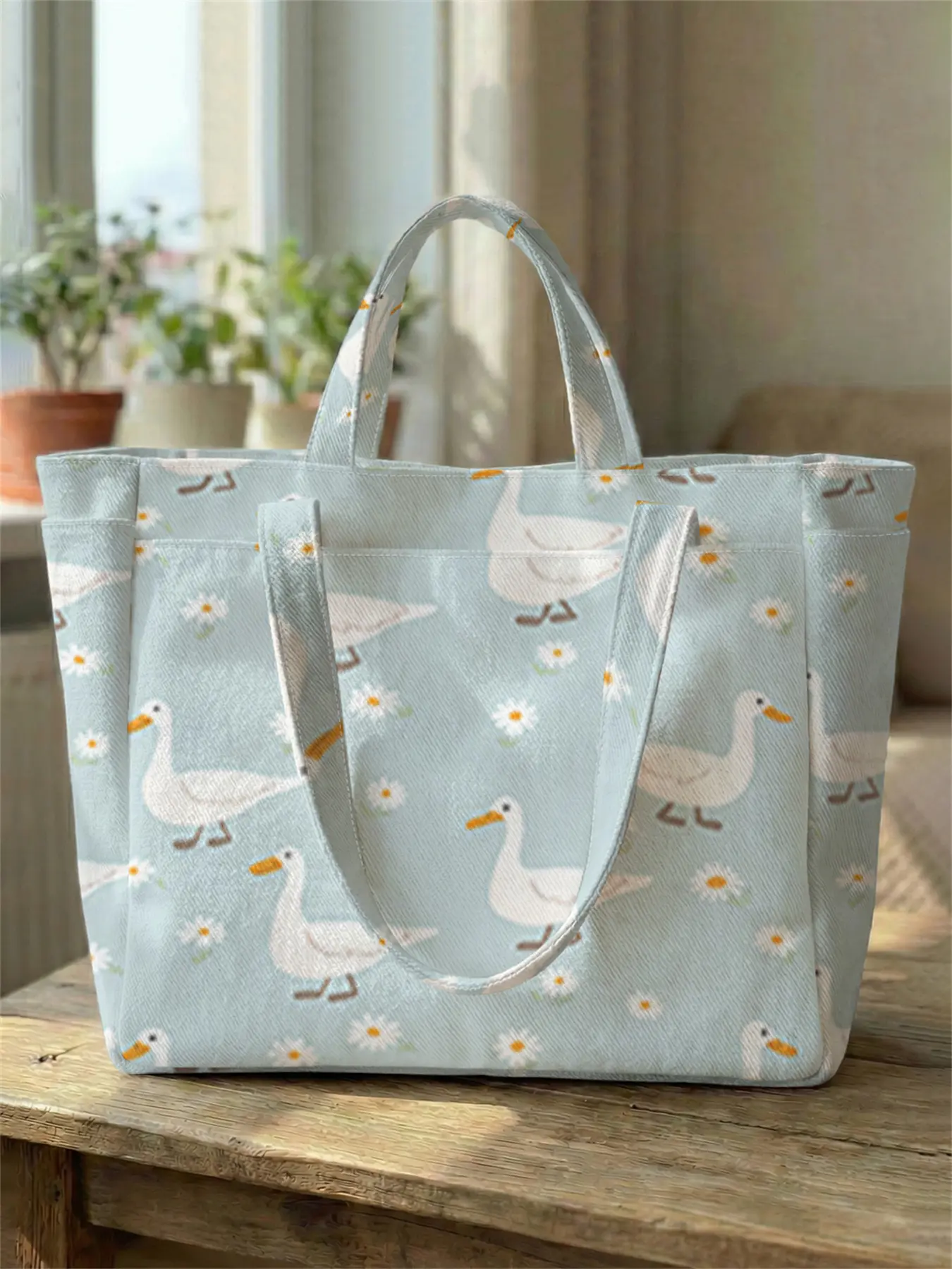 1 piece of white goose daisy pattern printed travel bag, large capacity storage bag durable and wear-resistant, multi-pocket design, zipper closure design suitable for multiple scenarios