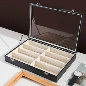 8 Compartment PU Leather Eyeglass Case, Modern Multi-Slot Glasses Holder with Transparent Lid, Durable Storage Display Box for Men and Women, Organizer Storage