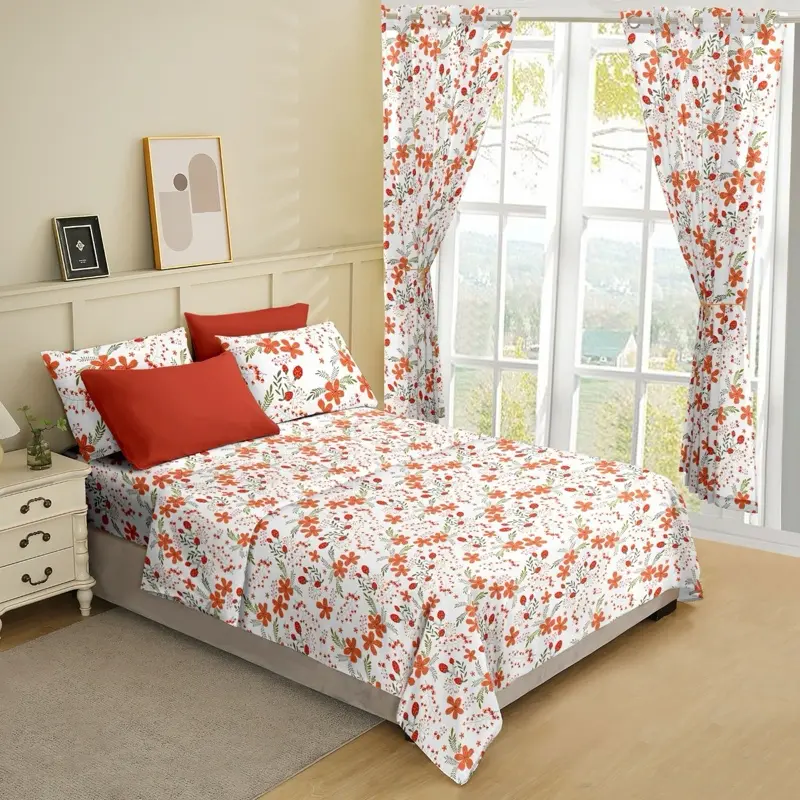 8 pieces bedsheet set: 2 curtains, 4 pillow cases, 1 fitted sheet, 1 flat sheet