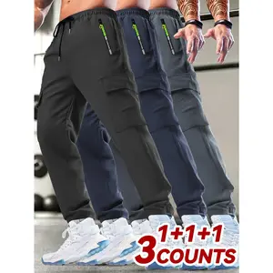 HIDKAT Plus Size Men's 3-Pack Casual Cargo Pants - Plus Size Pants, Drawstring Waist, Printed Zip, Utility Pockets, Lightweight, All-Season, Ideal for Outdoor Running & Training
