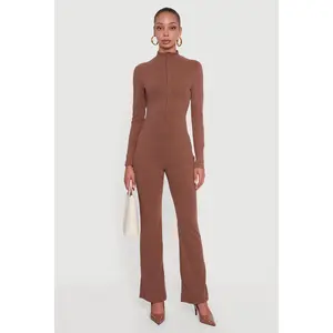 Ribbed Knit Zip Front Mock Neck Jumpsuit