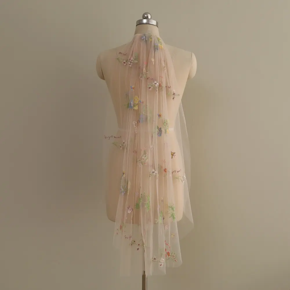 Fingertip wedding veil, Champagne floral veil, Elegant short wedding veil, Romantic wildflowers veil, Colorful flowery veil