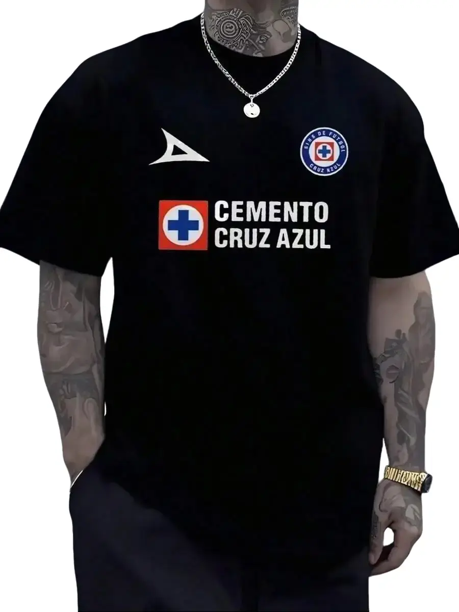 Men's Cruz Azul Soccer T-Shirt, 100% Cotton Graphic Tee, Cemento Cruz Azul Logo Print Shirt, Casual Streetwear, Soccer Fan Apparel, Oversized Crew Neck Summer Fashion Tee, Breathable Athletic Supporter Shirt