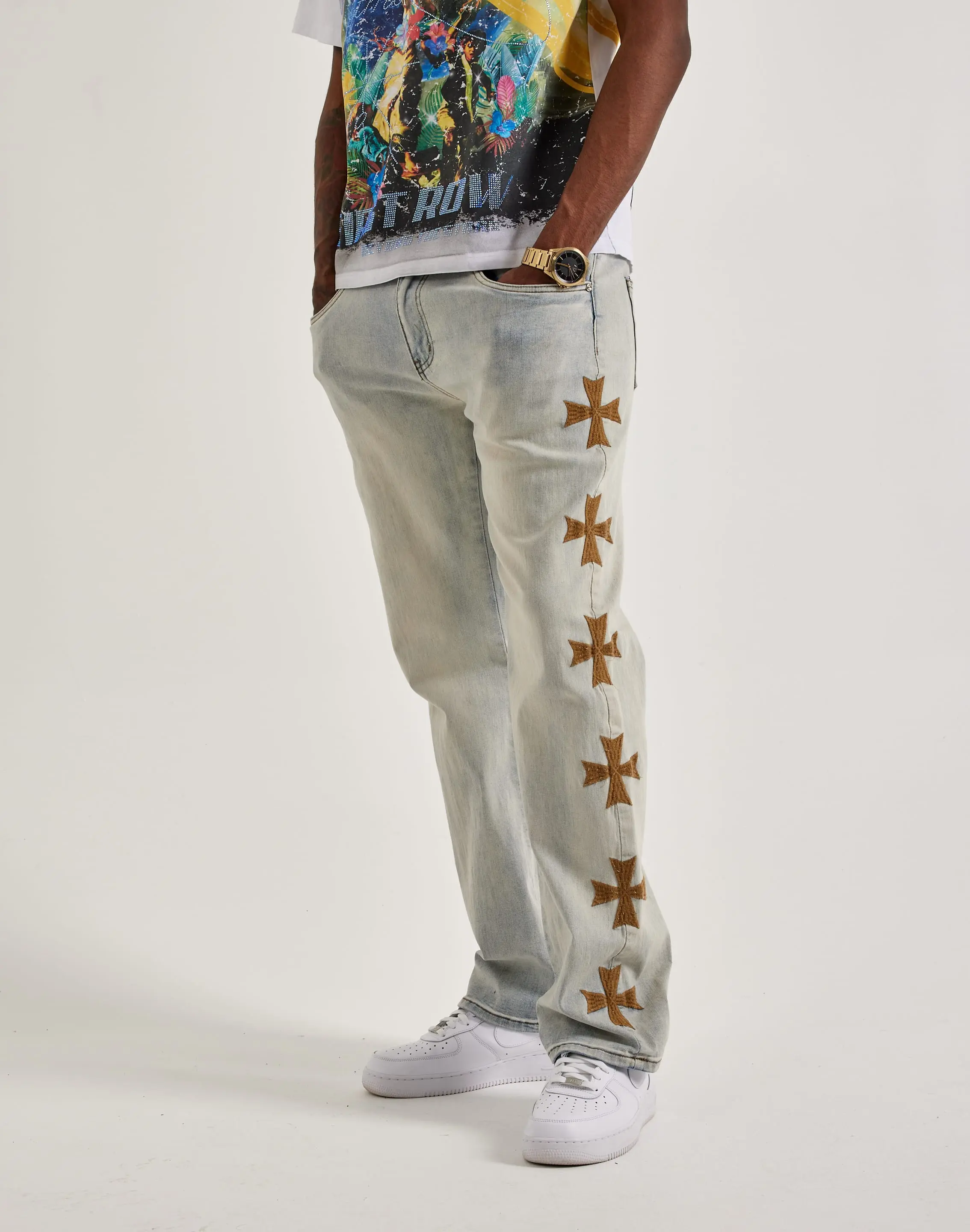 Mens WAIMEA Slim Embroidered Cross Denim Jeans