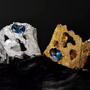 Rhodium Classic Ring with Blue Stone - Silver and Gold Finish - Elegance and Timeless Design - Jewelry Gift