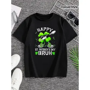1pc St. Patrick' S Day Kids' Dabbing Shamrock Print Black TShirt, Crew Neck, Casual Cotton Tee, Medium Stretch Knit Fabric, Regular Fit for Boys& Girls Children, Alphabet Pattern, for Spring/ Summer/ Fall St. Patrick' S Day, Easter, St. Patrick' S