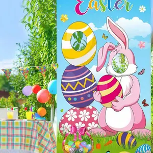 6 x 3 Feet-Tatuo Easter Party Decorations Easter Bunny Photo Door Banner Large Fabric Happy Festival Backdrop Photo Prop Funny Eggs Bunny Face in Game for Party Supplies,