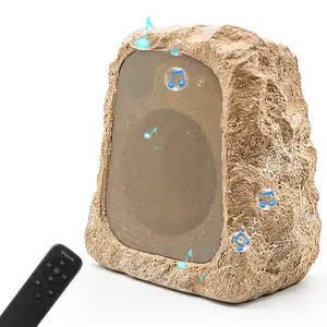 Summerwins BlitzRock Aesthetic Outdoor Waterproof Solar-Powered Wireless Rock Speakers - 30W(60W Paired) Hi-Fi Sound System, 7-Color LED Lights, Remote Control, 100-Pc Multi-Sync, Sandstone, Easy Install, Batteries Included, Home Tech for Patio Pool, Outd