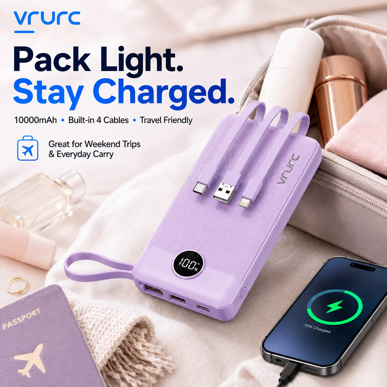 VRURC 10000mAh Lightweight Portable Power Bank with 4 Built-in Cables, LED Display, USB-C & Micro USB Recharge, Fast Charging for Mobile Devices, EDC Gear for Everyday Carry & On the Road Use