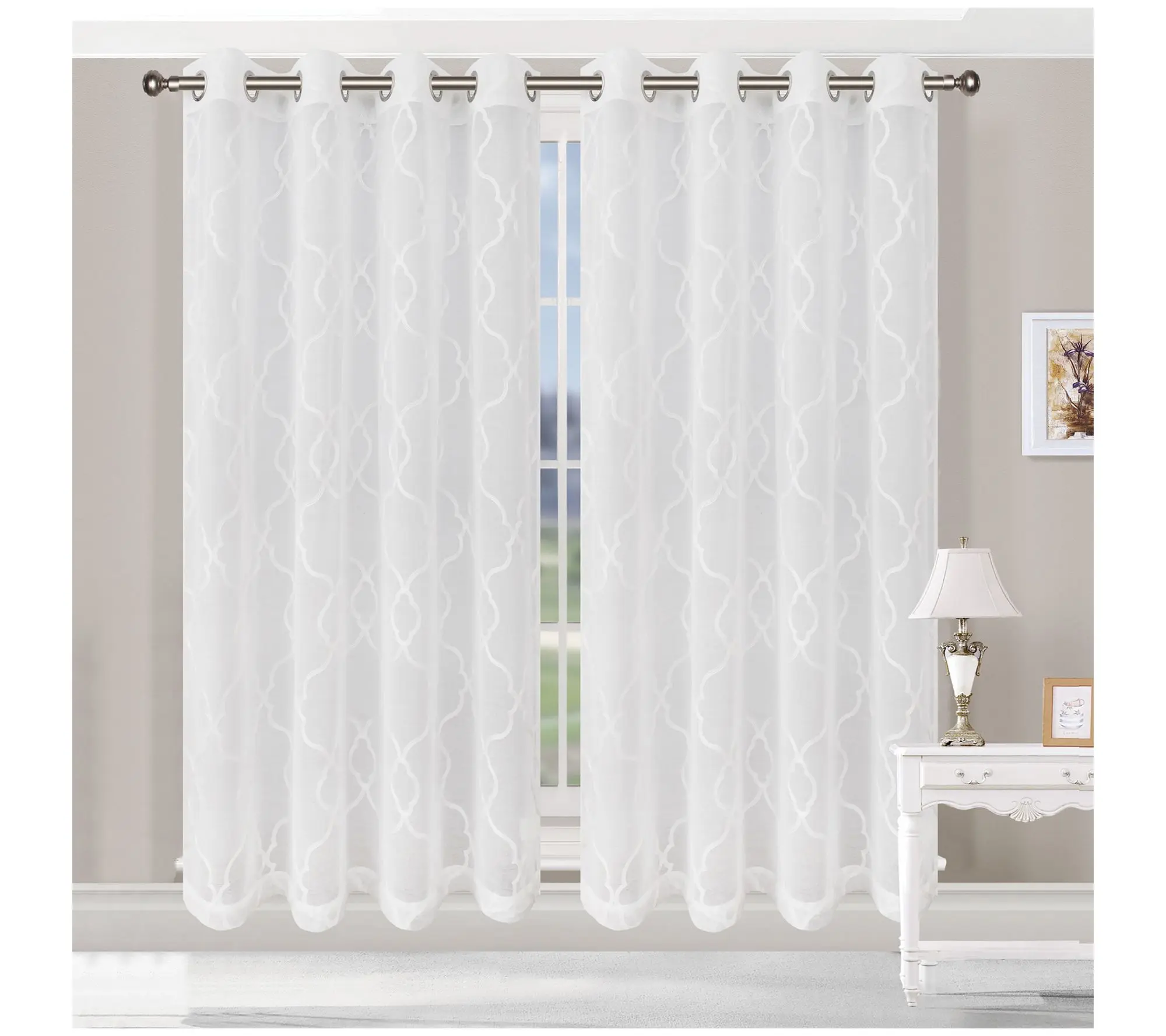 Superior Embroidered Lattice Sheer Curtain Panel Set, 26"x84"